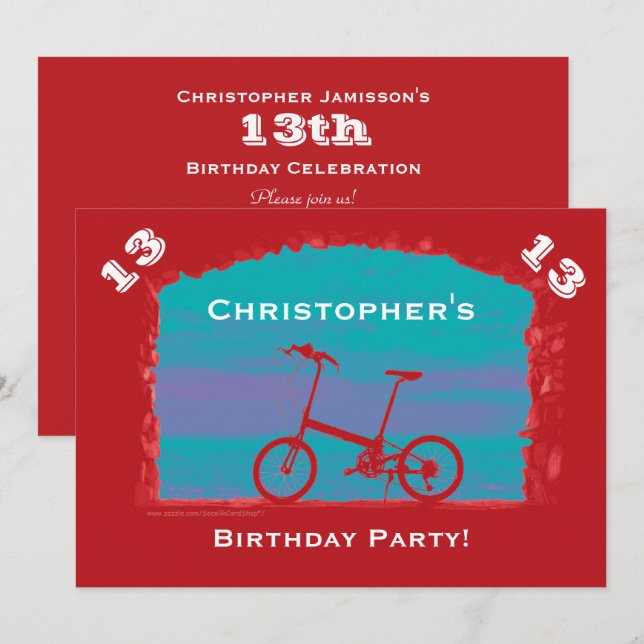 Invitación 12, 13, 14 cumpleaños, Bicicleta Roja (Anverso / Reverso)