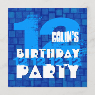 Invitación 12mo Grunge Z12B AZUL de la fiesta de cumpleaños