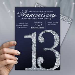 Invitación 13º Aniversario Diamante Plateado Años Azul Oscuro