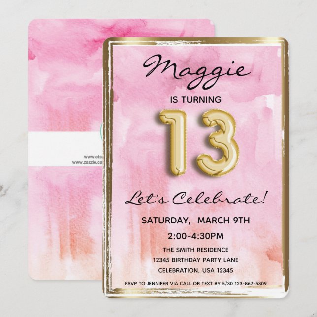 Invitación 13.ª Chica Cumpleaños Rosa y Oro (Anverso / Reverso)
