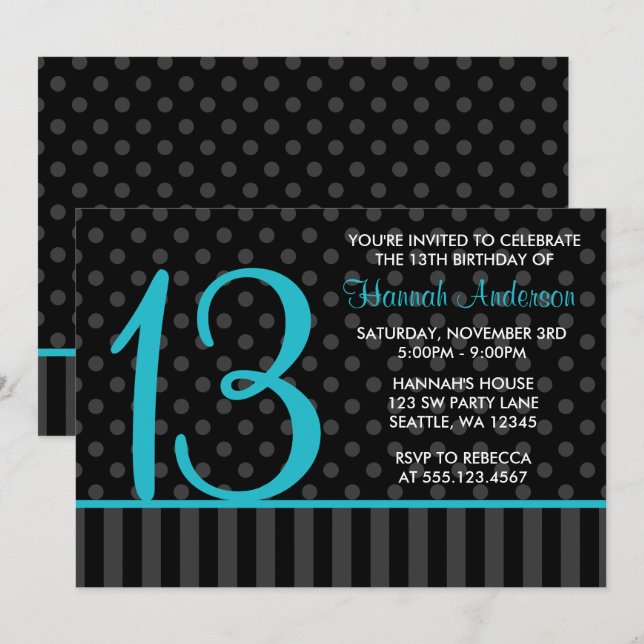 Invitación 13.ª festividad Verde azulada Black Polka Tiras de (Anverso / Reverso)