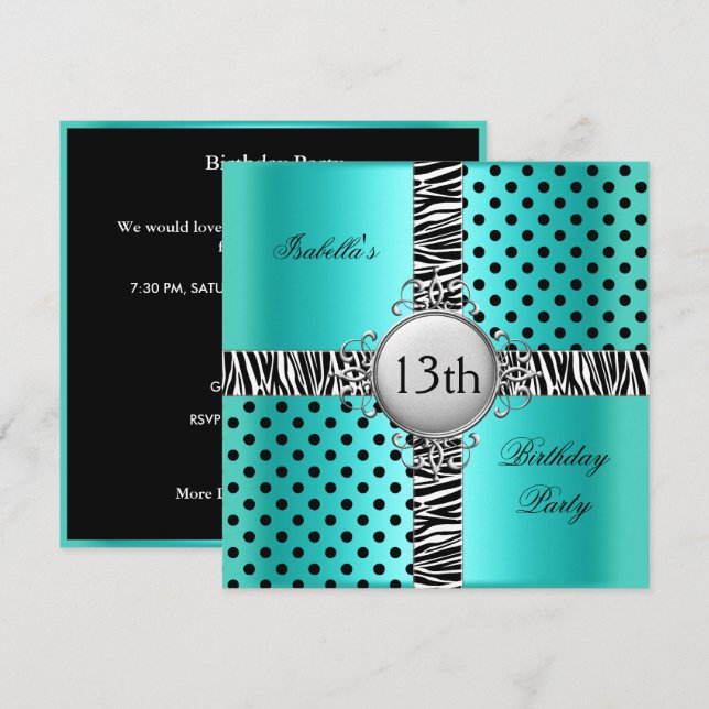 Invitación 13.ª fiesta de cumpleaños adolescente Verde azulad (Anverso / Reverso)