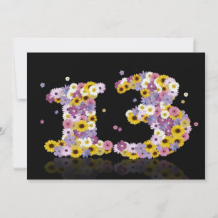 Invitación 13.ª fiesta de cumpleaños, con letras con flores