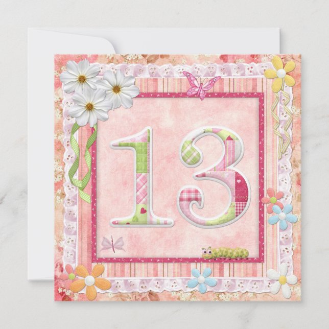 Invitación 13.ª fiesta de cumpleaños estilo scrapbooking (Anverso)
