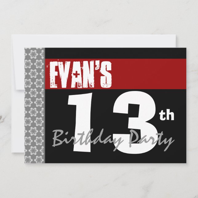 Invitación 13.ª fiesta de cumpleaños: negro y blanco moderno  (Anverso)