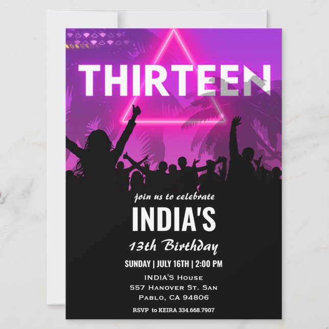 Invitación 13.ª Fiesta de Cumpleaños Neón Rosa (Anverso)