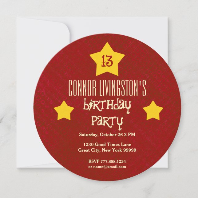 Invitación 13.ª Fiesta de Cumpleaños Red Circle Gold Stars V0 (Anverso)