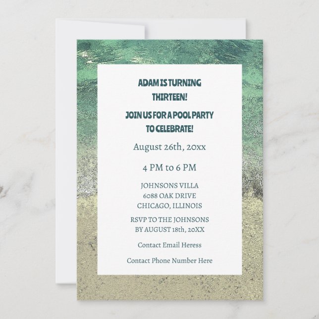 Invitación 13.ª piscina de cumpleaños Fiesta de agua Resumen  (Anverso)