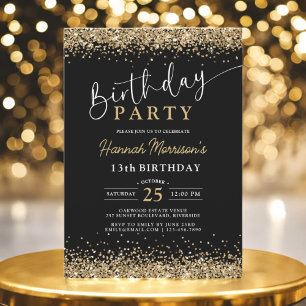Invitación 13.ª Purpurina de oro negro cualquier cumpleaños d