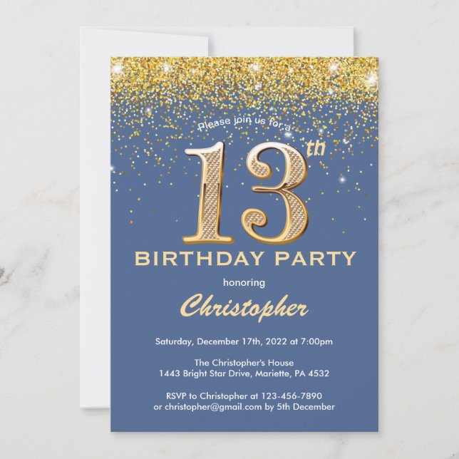 Invitación 13.ª Purpurina de oro y azul de cumpleaños Confett (Anverso)