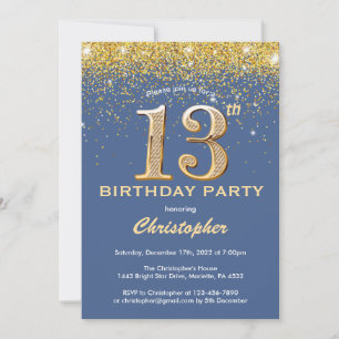 Invitación 13.ª Purpurina de oro y azul de cumpleaños Confett