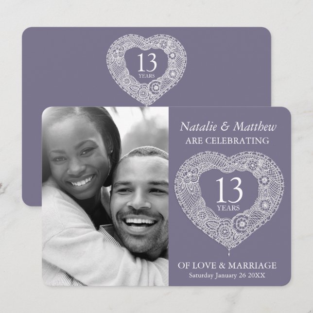 Invitación 13.º boda de encaje Aniversario blanco gris (Anverso / Reverso)