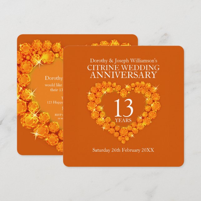 Invitación 13.º boda fiesta naranja de citrina (Anverso / Reverso)