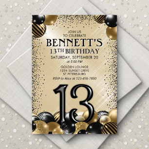 Invitación 13.º cumpleaños de oro negro de los globos