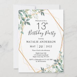 Invitación 13.º cumpleaños Elegante Eucalyptus Verdor y Oro