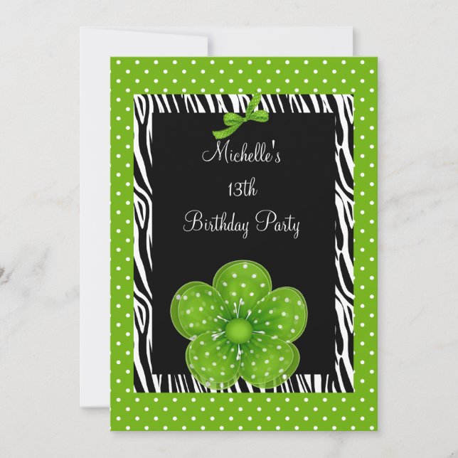 Invitación 13.º cumpleaños Flor verde de cebra blanca negra (Anverso)