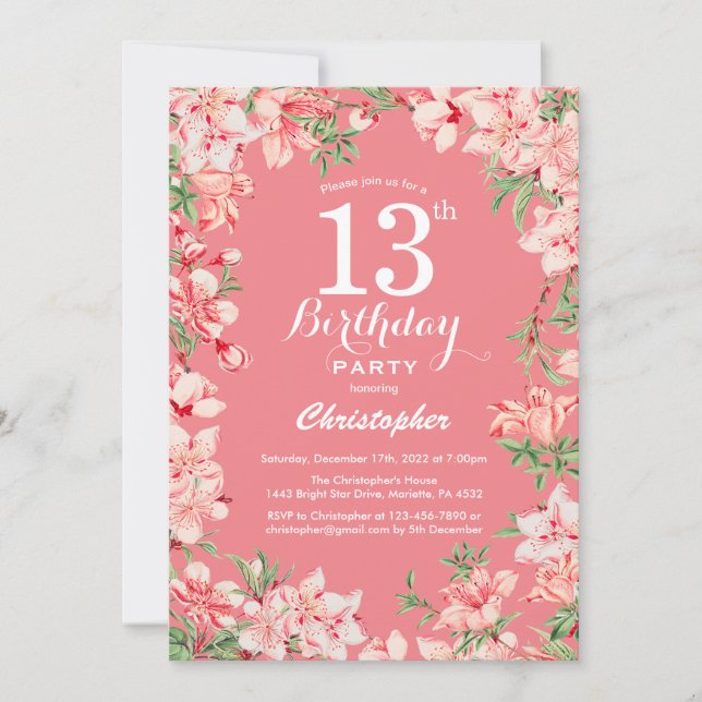 Invitación 13.º cumpleaños Flores frívolas de boho rosado (Anverso)