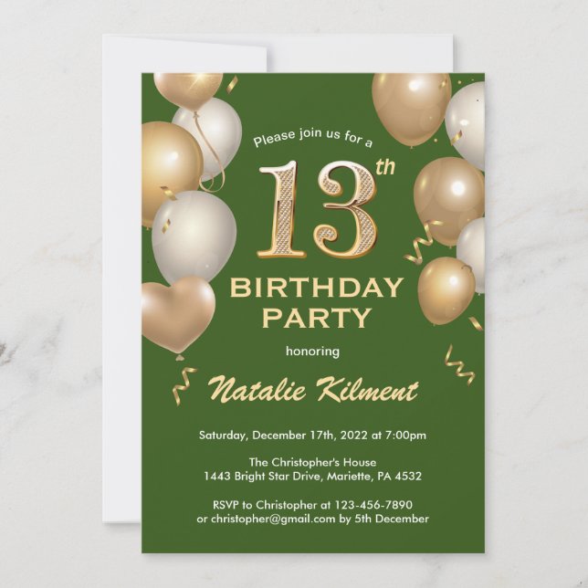 Invitación 13.º cumpleaños Globos de Purpurinas verdes y de o (Anverso)