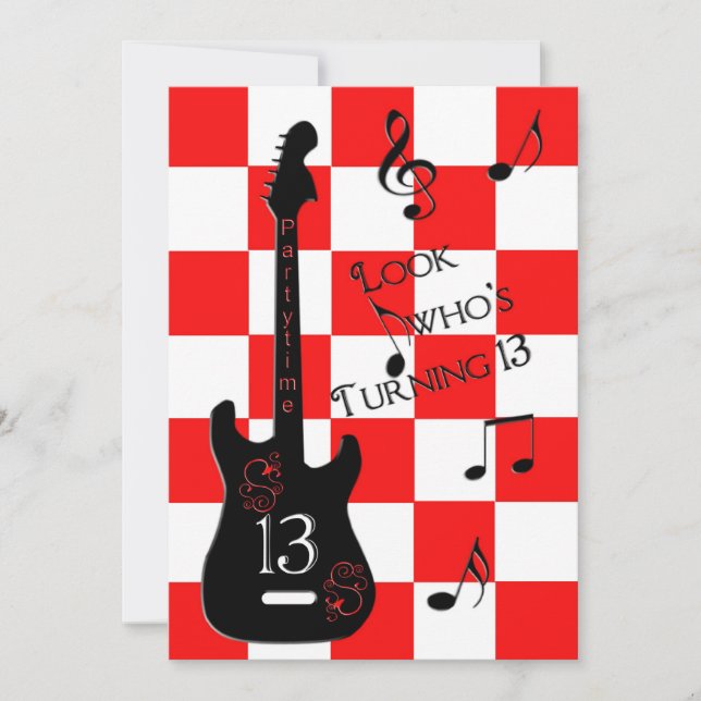 Invitación 13.º cumpleaños, guitarra eléctrica, rojo/blanco/n (Anverso)