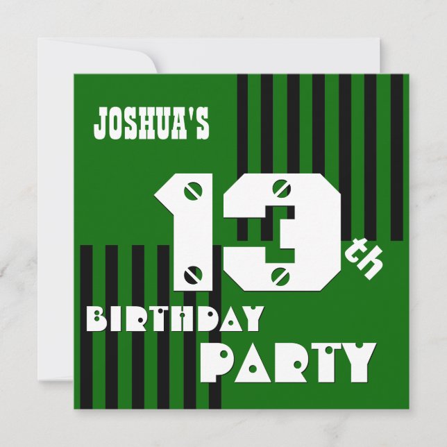 Invitación 13.º cumpleaños joven moderno franjas negras verde (Anverso)
