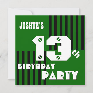 Invitación 13.º cumpleaños joven moderno franjas negras verde