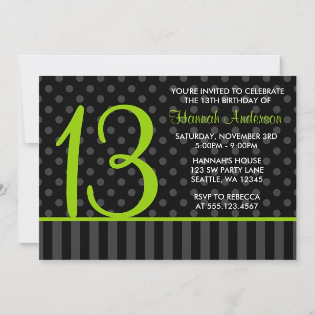 Invitación 13.º cumpleaños Lime Green Polka Black Dot Stripes (Anverso)