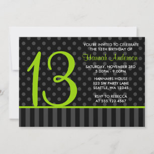 Invitación 13.º cumpleaños Lime Green Polka Black Dot Stripes
