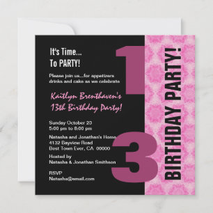 Invitación 13.º cumpleaños moderno de estrellas negras rosada