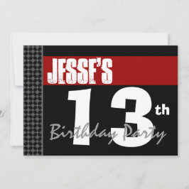 Invitación 13.º cumpleaños moderno para él rojo blanco negro