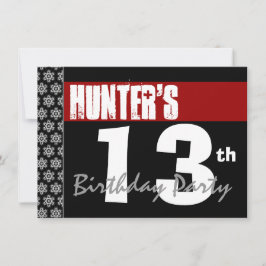 Invitación 13.º cumpleaños moderno para él rojo blanco negro