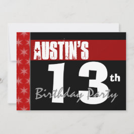 Invitación 13.º cumpleaños moderno para él rojo blanco negro