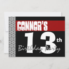 Invitación 13.º cumpleaños moderno para él rojo blanco negro