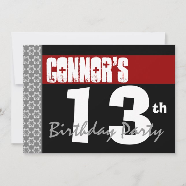 Invitación 13.º cumpleaños moderno para él rojo blanco negro  (Anverso)