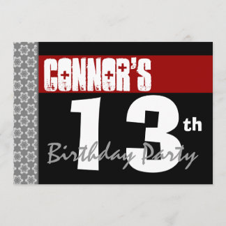 Invitación 13.º cumpleaños moderno para él rojo blanco negro