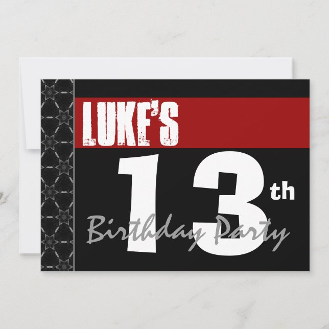 Invitación 13.º cumpleaños moderno para él rojo blanco negro  (Anverso)
