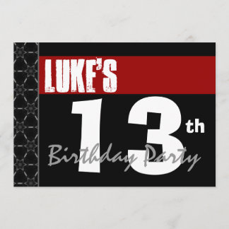 Invitación 13.º cumpleaños moderno para él rojo blanco negro