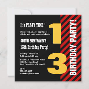 Invitación 13.º cumpleaños moderno rojo negro STripes A05