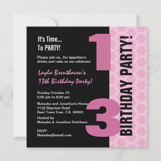 Invitación 13.º cumpleaños moderno y negro G400