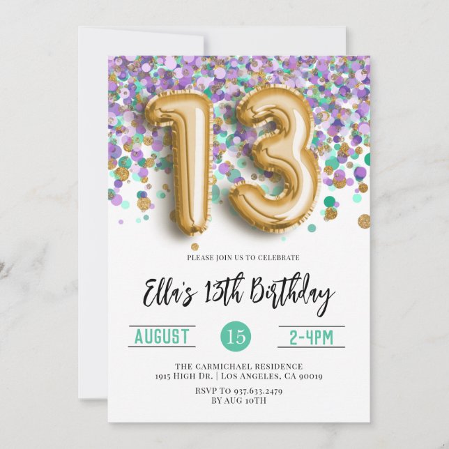 Invitación 13.º Cumpleaños Morado Confetti Verde azulado (Anverso)
