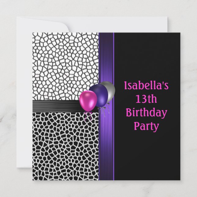 Invitación 13.º cumpleaños morado rosado negro (Anverso)