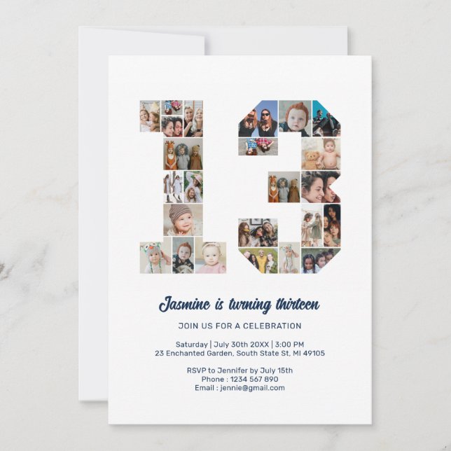 Invitación 13.º cumpleaños número 13 Collage de fotos Persona (Anverso)