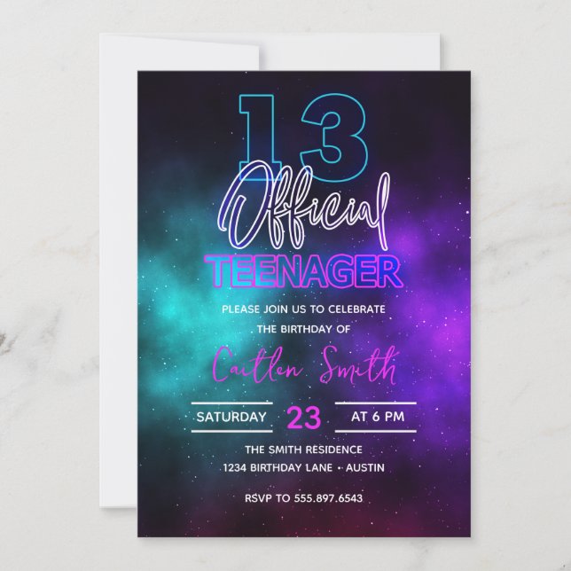 Invitación 13.º Cumpleaños Oficialmente Una Galaxia Adolescen (Anverso)