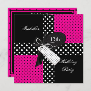 Invitación 13.º cumpleaños Polka Dot blanco rosado caliente