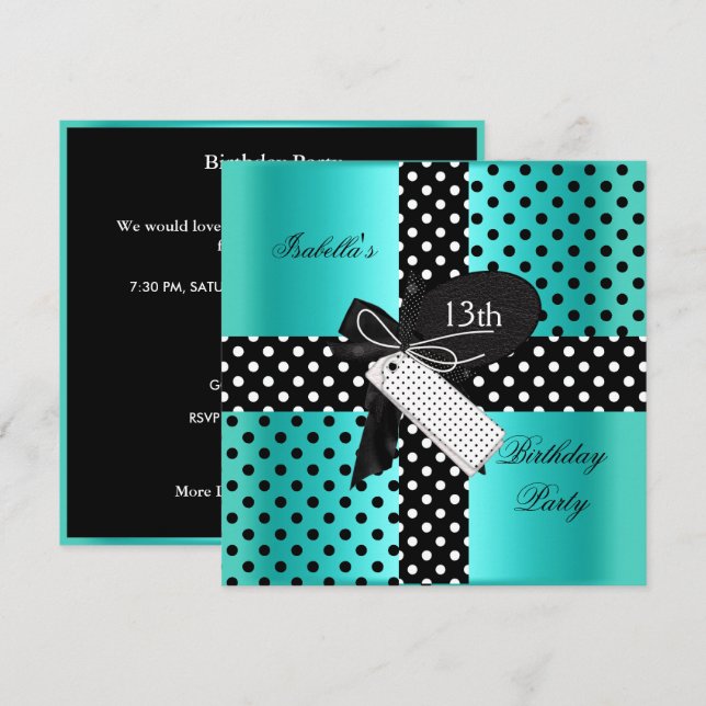 Invitación 13.º cumpleaños Polka Dot Verde azulado Azul Blanc (Anverso / Reverso)
