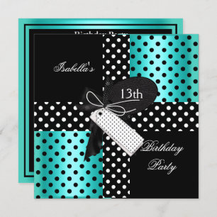 Invitación 13.º cumpleaños Polka Dot Verde azulado Azul Blanc