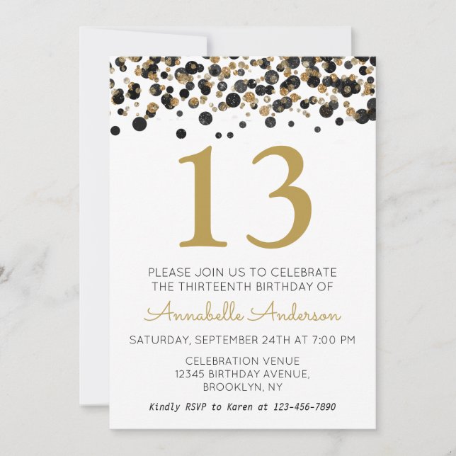 Invitación 13.º cumpleaños Purpurina de oro negro Sparkle Con (Anverso)