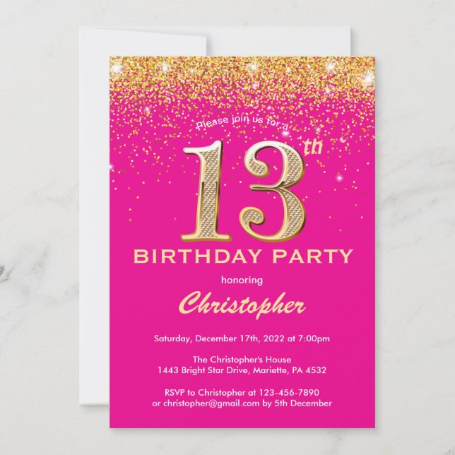 Invitación 13.º cumpleaños Purpurina rosado caliente y oro Co (Anverso)