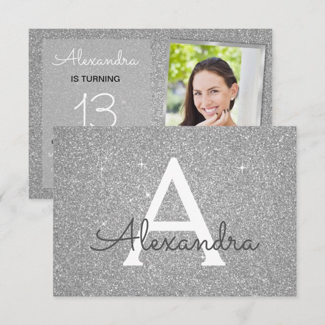 Invitación 13.º cumpleaños Sparkle Luxury Silver Photo (Anverso / Reverso)