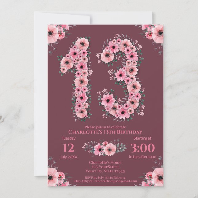 Invitación 13.º Gran Chica de cumpleaños Flores rosadas folla (Anverso)