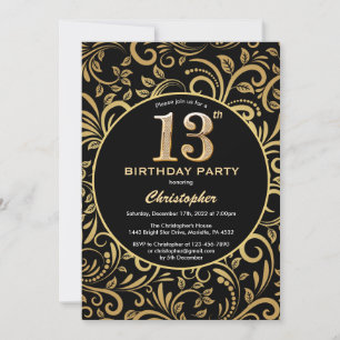 Invitación 13.º Nacimiento Patrón Floral Negro y Oro